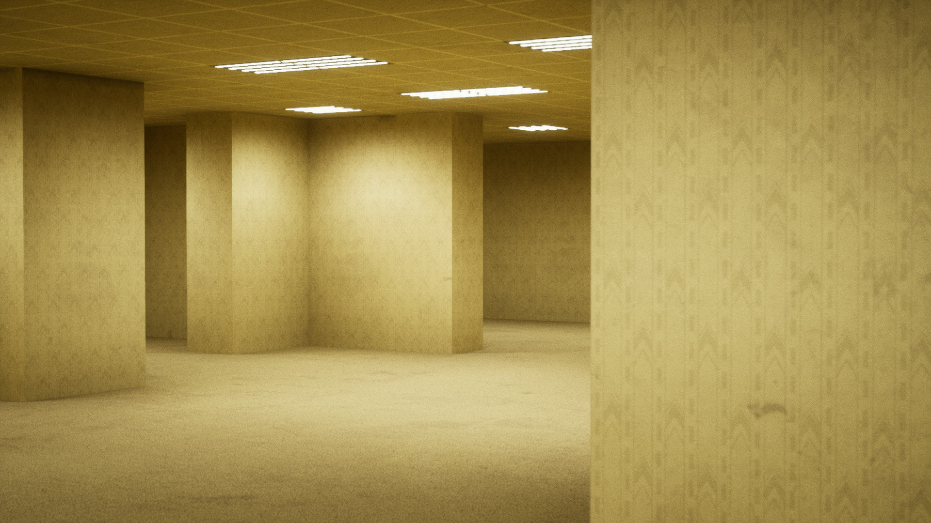 The yellow fluorescent corridors of Level 0 in Escape the Backrooms