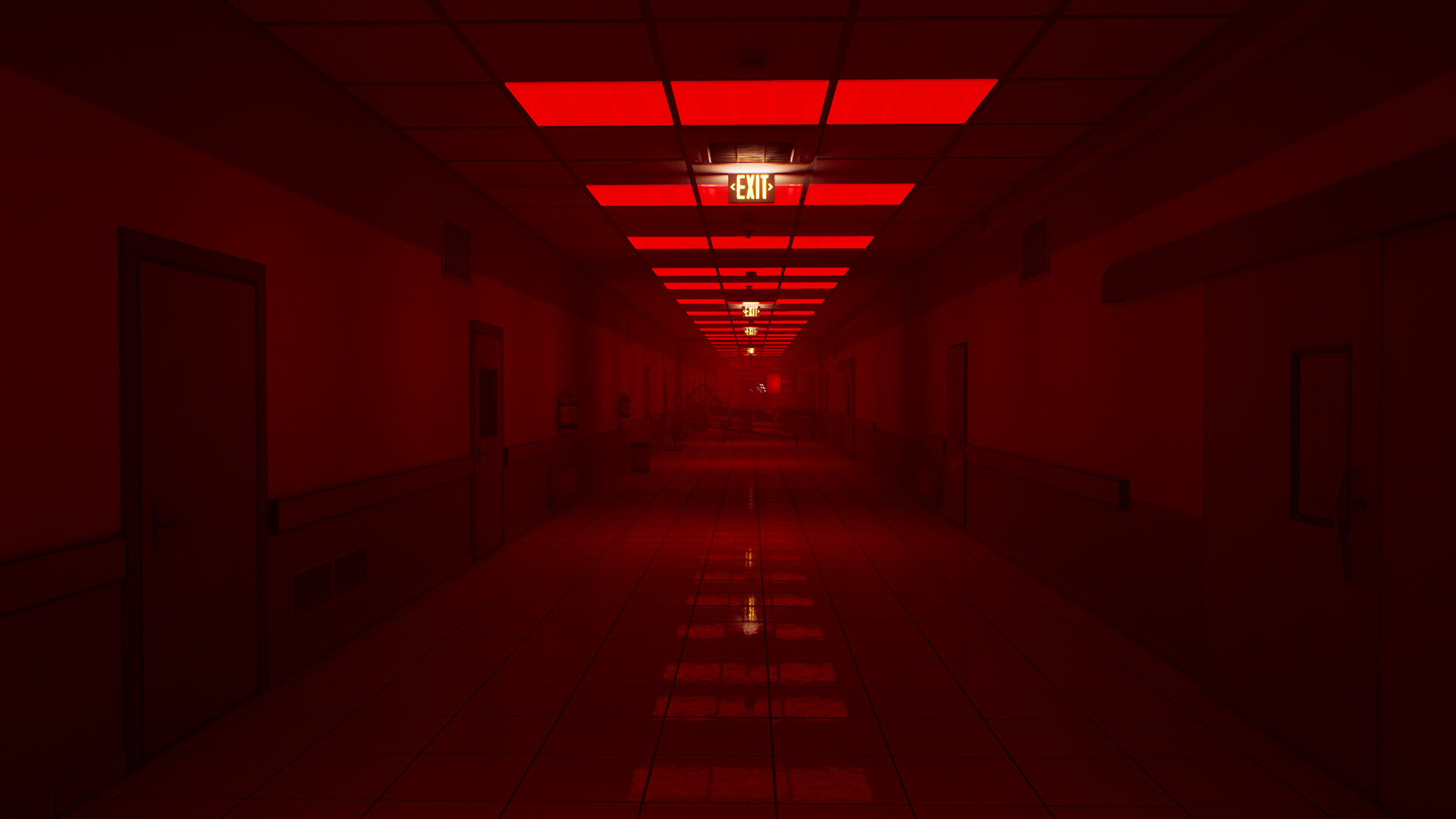 An emergency-red corridor from an official Escape the Backrooms screenshot